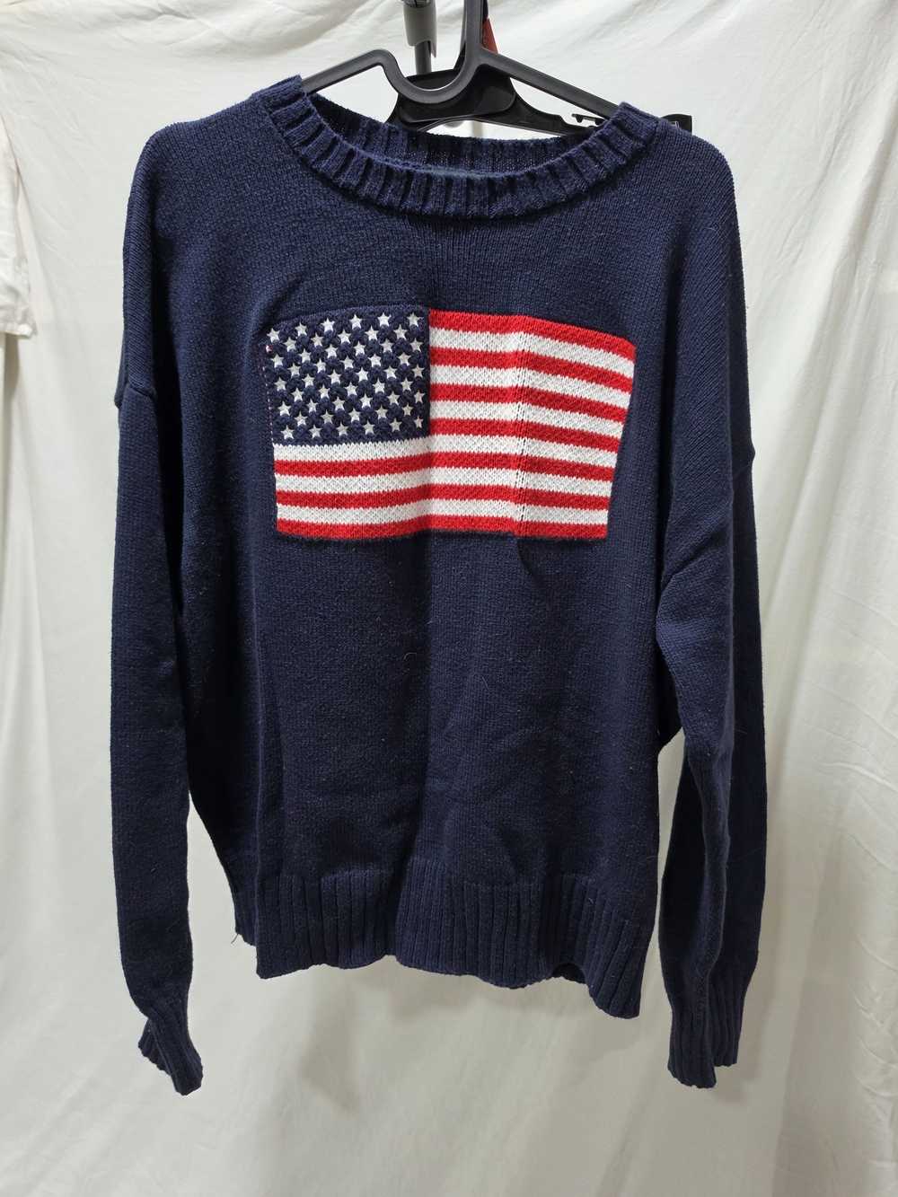 Classic Crewneck Sweater with American Flag - Navy